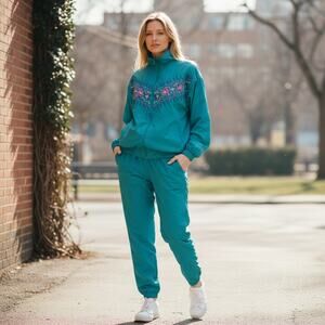 Vintage 90s Adolfo Sport Teal Embroidered Floral Windbreaker Track Set Small